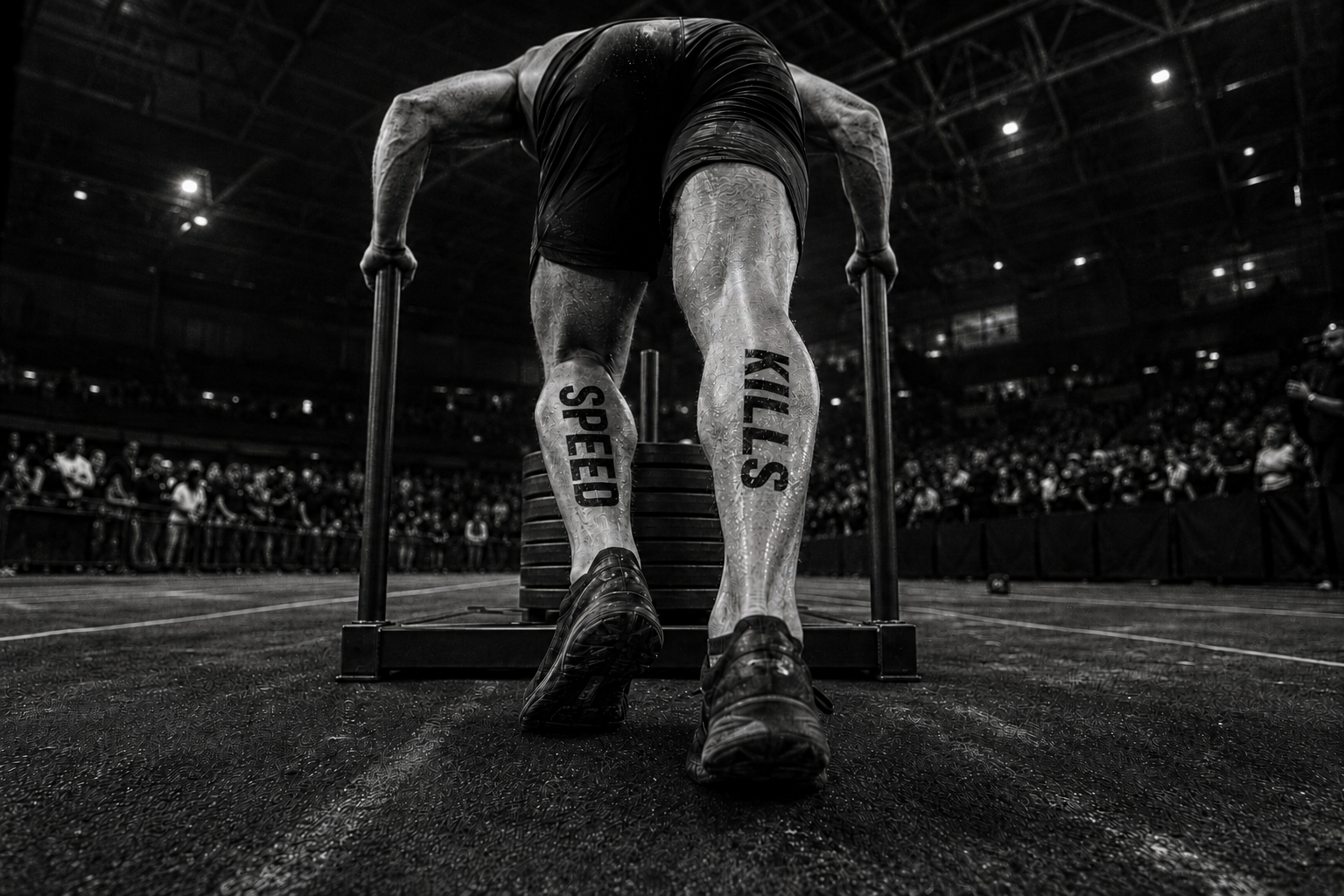 Athlete pushing a sled with SPEED KILLS calf tattoos