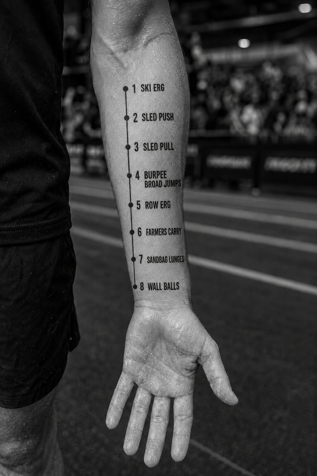 Eight-station race map tattoo on an athlete's forearm