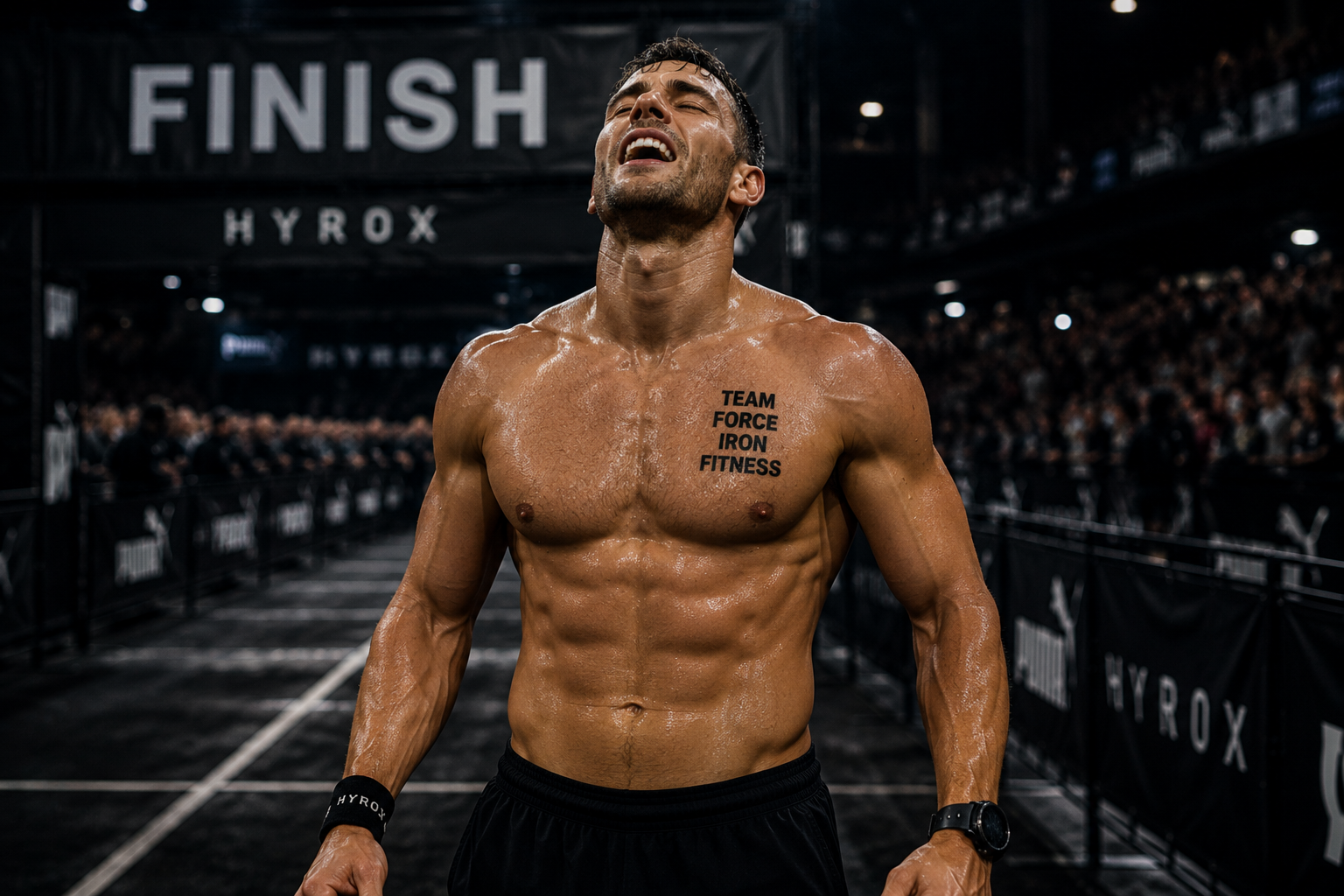 Athlete at the finish line wearing his team's race-day identity